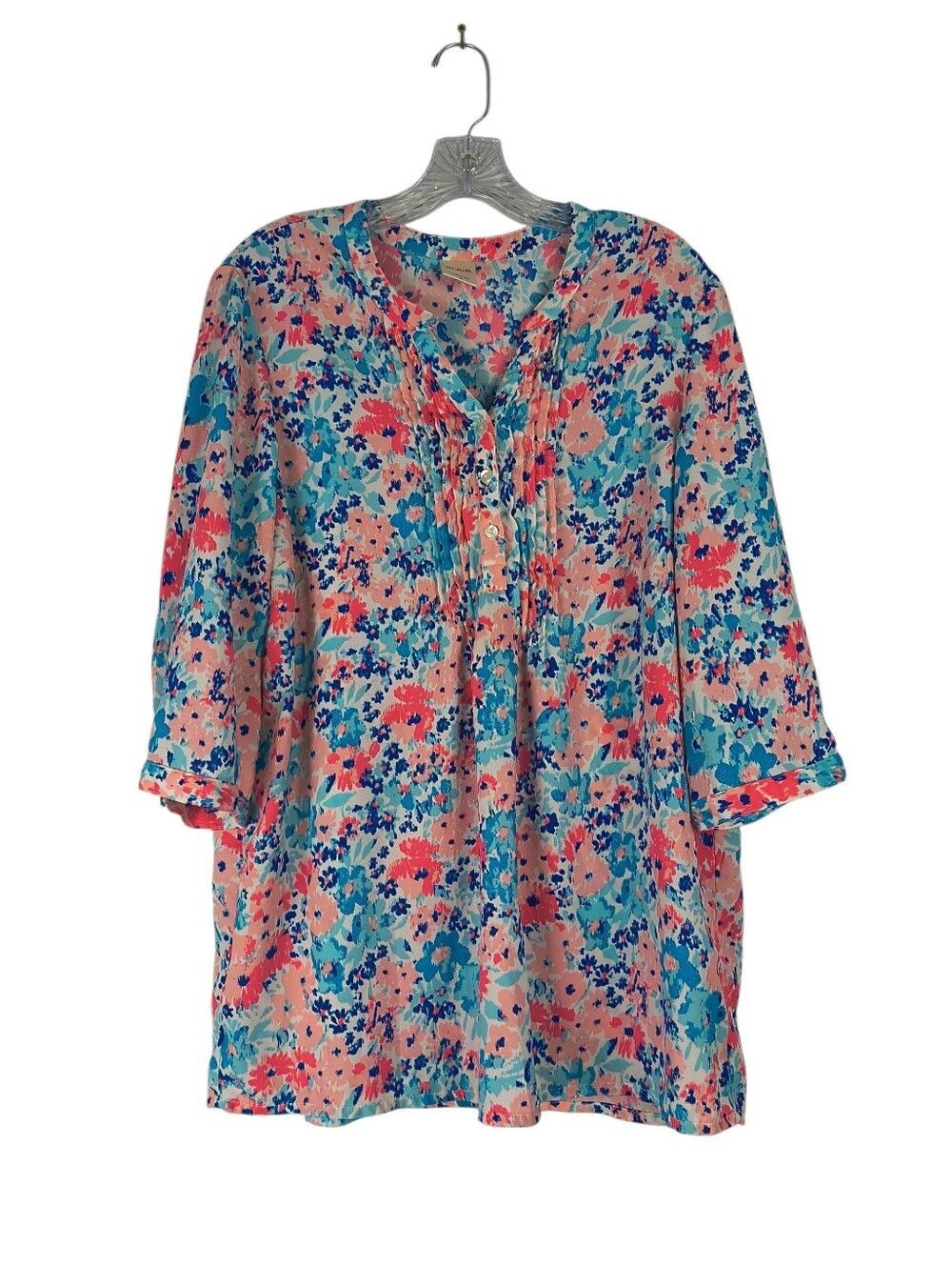 Blair Top Women's L Blue Pink Floral V Neck Pintuck Pleated Blouse 3/4 Sleeves